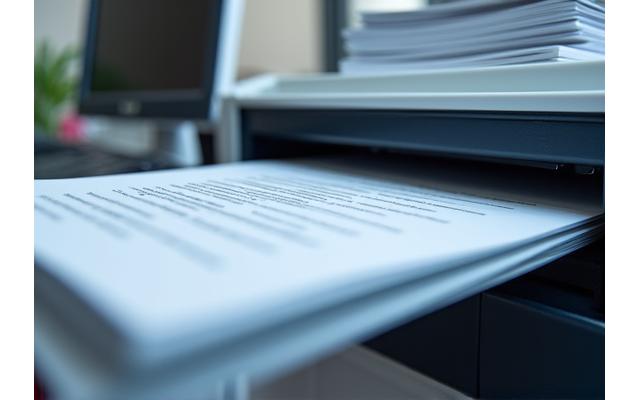 Documentos físicos siendo escaneados a alta velocidad por un escáner profesional para archivo digital.