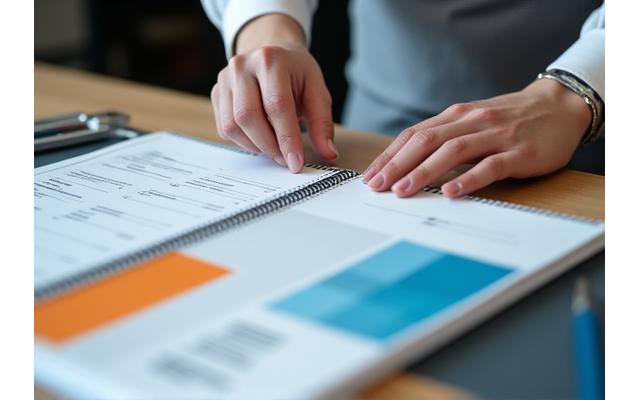 Manos profesionales aplicando un acabado de encuadernación en espiral a un informe corporativo.