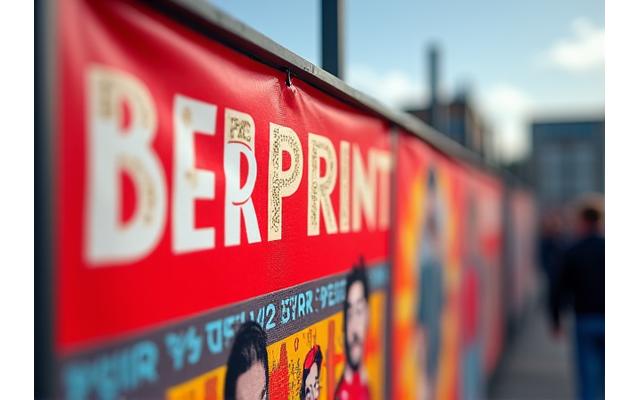 Banner de gran formato vibrantemente impreso para un evento, mostrando gráficos nítidos.