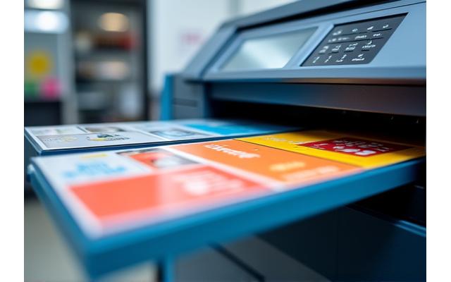 Máquina de impresión digital de alta velocidad produciendo folletos a todo color.